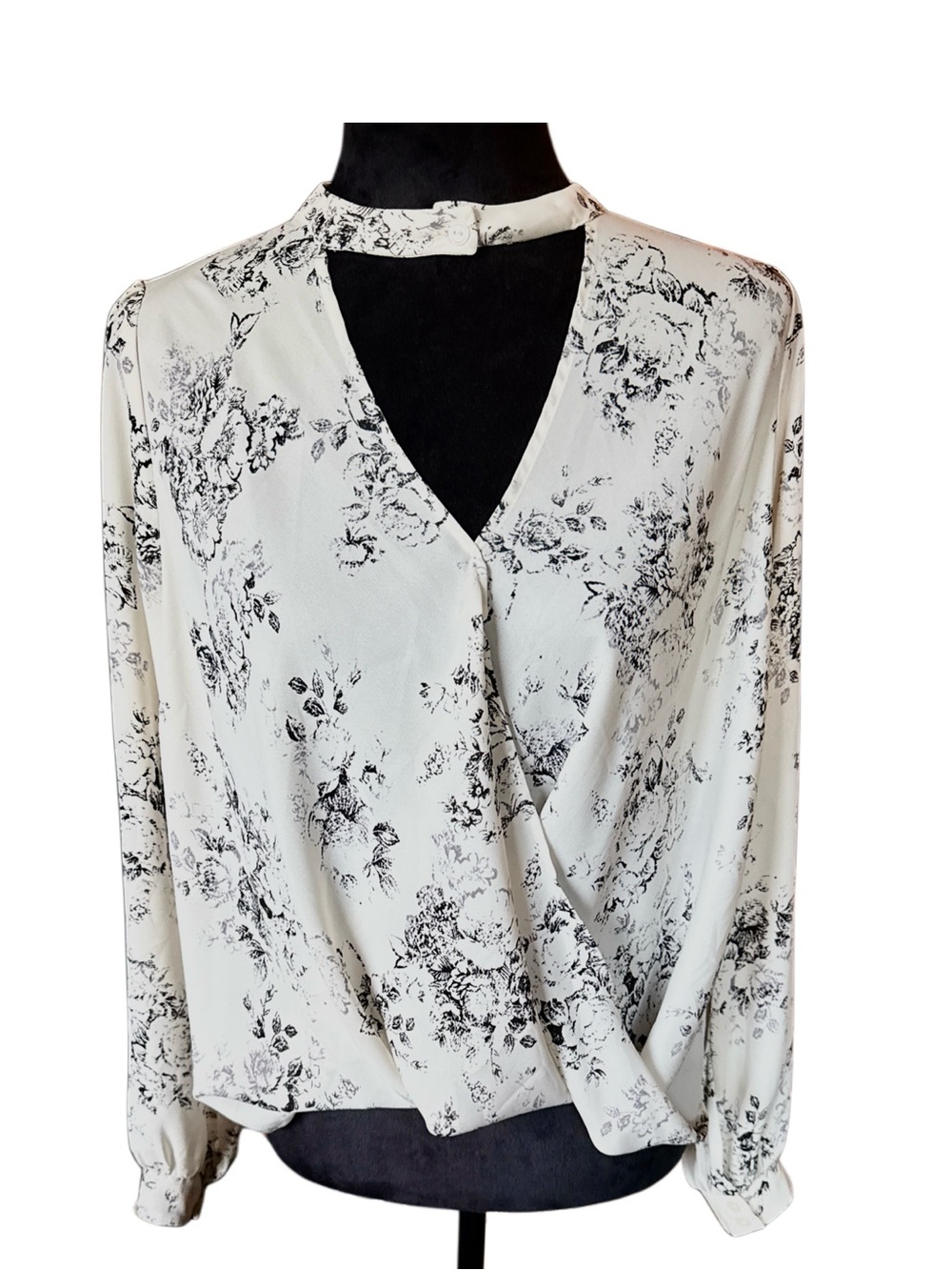 Lush Cream and Black Floral Wrap Blouse with Keyhole
